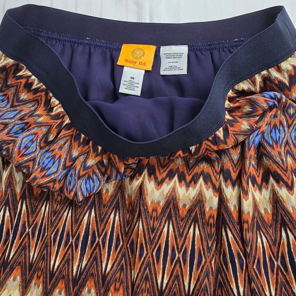 Ruby‎ Rd Feather Report Ikat Chevron Midi Skirt Navy Orange Camel Size 10 NWT